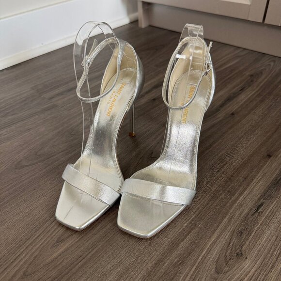 Saint Laurent Jane 105 Sandals Silver Foil Leather Open Toe Stiletto Heel - Picture 2 of 7